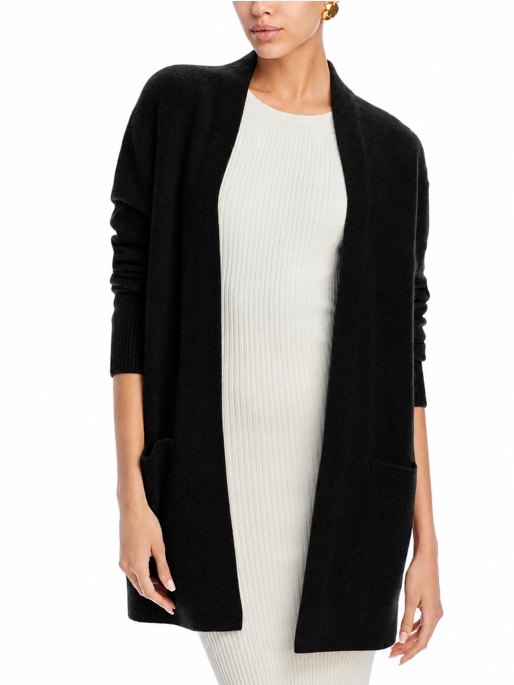 NWT C by Bloomingdale's Open Front Brushed Cashmere Cardigan in Black